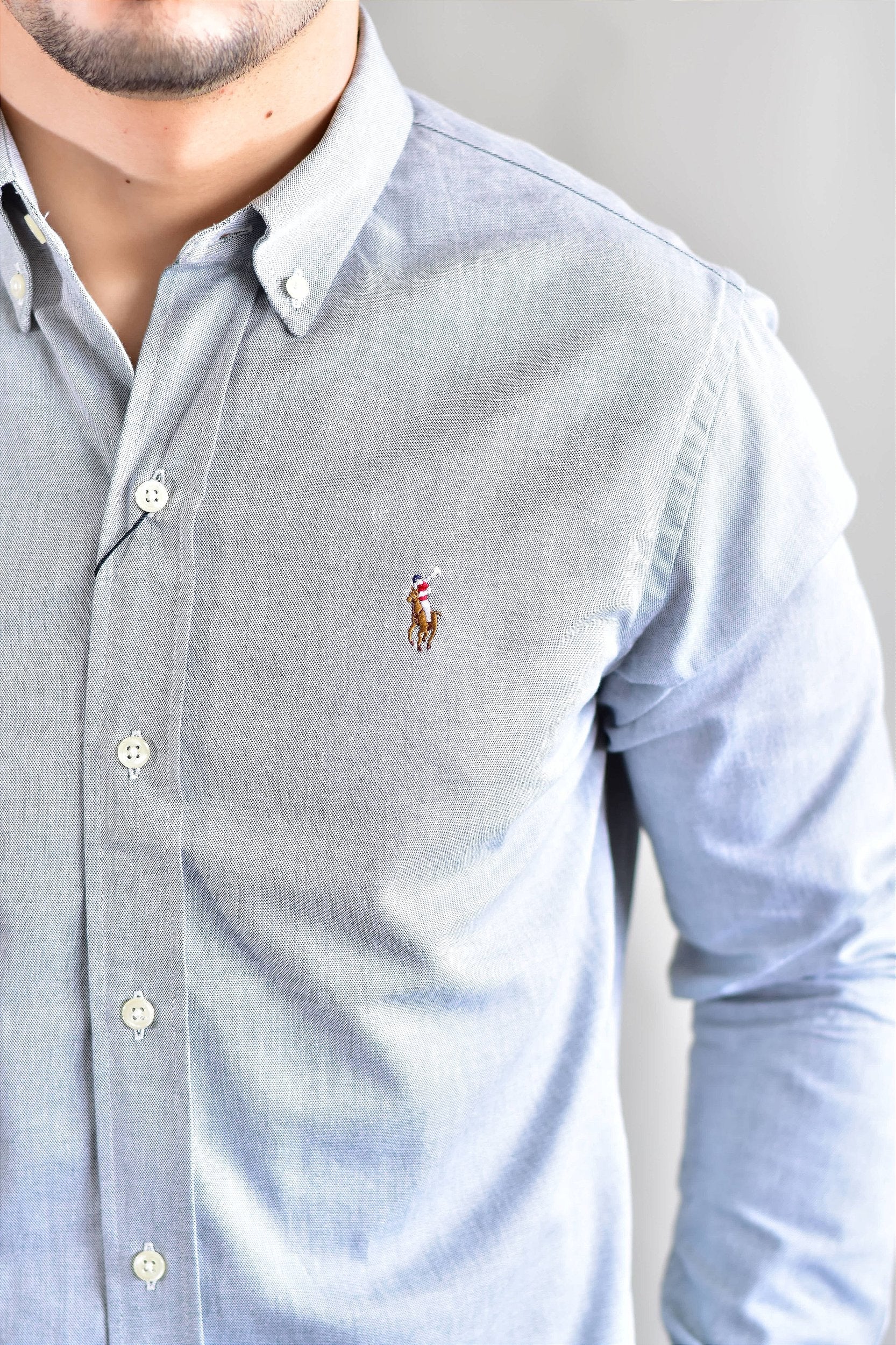 Camisa Social Lisa RL Manga Longa - Cinza Mescla